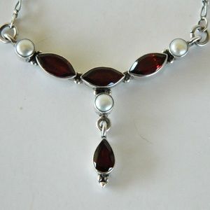 Vintage Solid Sterling Silver Garnet Pearl Necklace